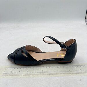 FSJ Black Cute Strappy Peep Toe Flat Sandals D'Orsay Ankle Buckle Ballet Flats